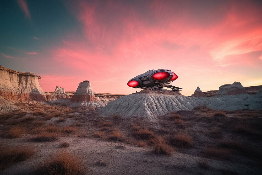adrianrohnfelder_A_spaceship_is_landing_in_the_Bisti_Wilderness_9306446f-c86e-4f81-a325-7ba8ee35ce91