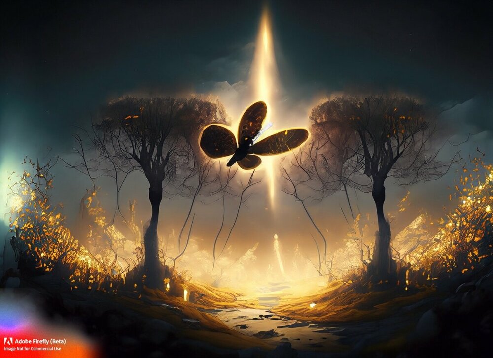 Firefly dark fantasy landscape, dark mood, golden light, adobe firefly in white font 28614.jpg