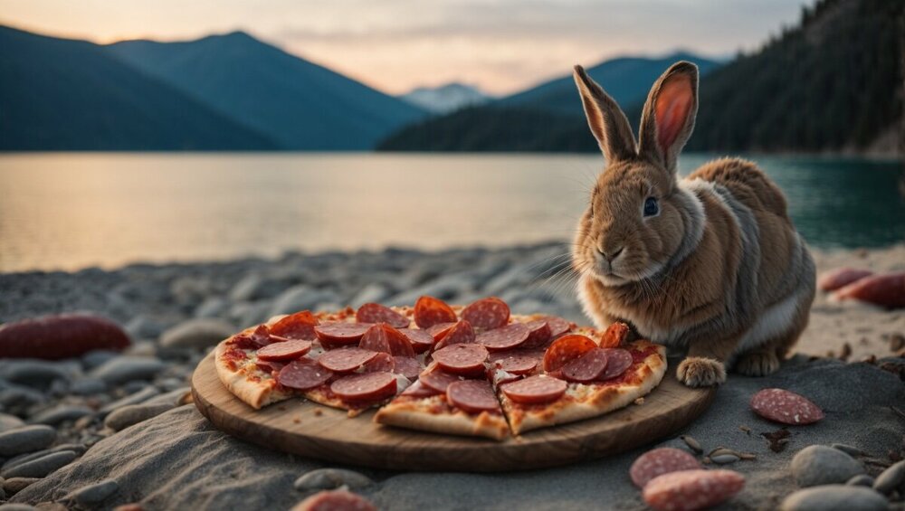 PhotoReal_wide_angle_photo_of_a_blue_rabbit_eating_a_slice_of_0.jpg