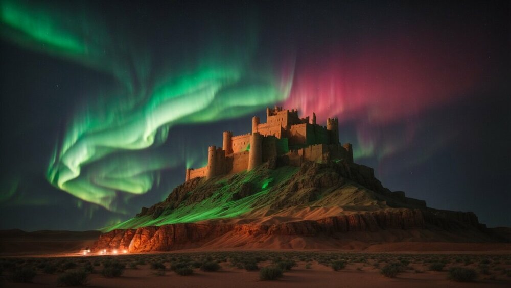 PhotoReal_green_and_red_northern_lights_above_a_huge_medieval_0.jpg