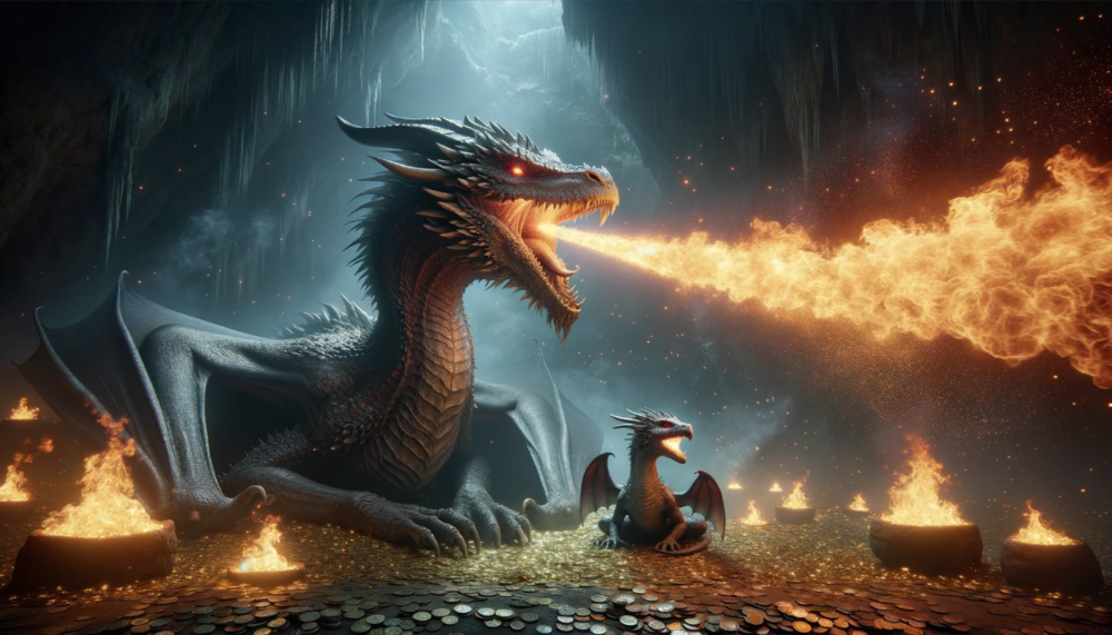 DALL·E 2023-10-26 15.56.06 - Wide landscape photo closely resembling the previous image but with an emphasis on the fire-breathing aspect. A highly photorealistic dragon with mute.png
