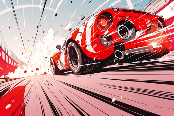 A race car drawn in an energetic 2D manga style, highlighting vivid reds and whites with intense motion effects. Stylised creative, shimmering specs in the air --ar 3:2 --style raw --niji 6