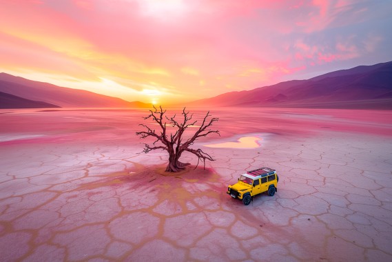 action drone shot of a yellow landrover defender driving at a dead bright brown acacia tree in a Deadvlei badwater landscape, view from low drone angle, wide angle, soft red diffuse sunset light, sun rays, dramatic sky, shades of pink and orange --ar 3:2 --style raw --stylize 50