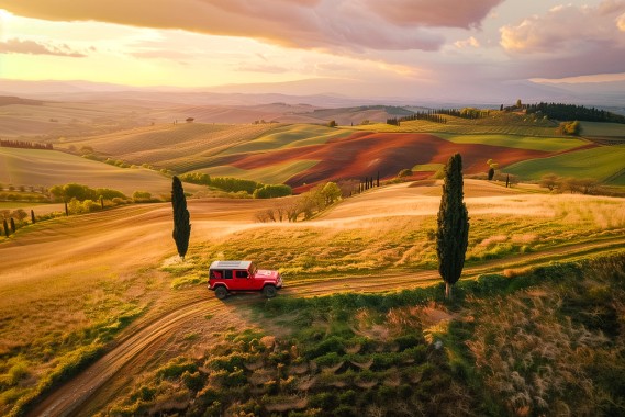 aerial photo of a red Jeep Rubicon driving along a single cypress in tuscany landscape. Red sunset clouds. Shades of gold and orange and green --ar 3:2 --style raw --stylize 50