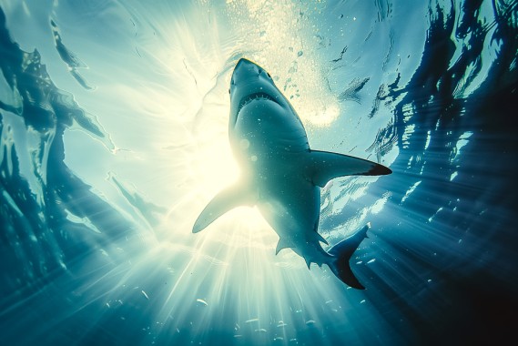 close-up of a white shark, dramatic light, view from below, sun flare penetrates the ocean surface --ar 3:2 --style raw --stylize 50