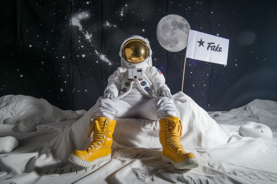 full body portrait photo of an astronaut with yellow astronaut boots in a studio which looks like the moon, flag with text "Fake", bright white studio light --ar 3:2 --style raw --stylize 50