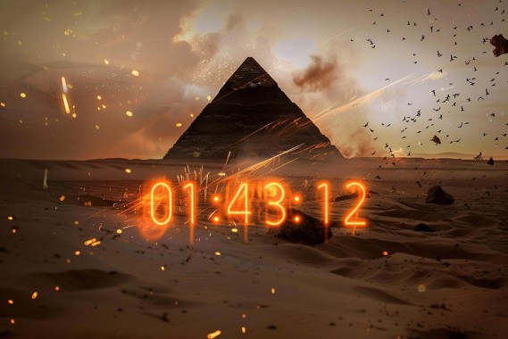 photo of a huge orange glowing text "01:43:12" written in light with fireflies fire in the upper part of the picture. behind is a scenery of a dune grey desaturated desert landscape with a black polished xenomorph styled pyramid in the background, duststorm --ar 3:2 --style raw --stylize 50