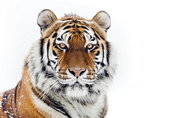 portrait of a tiger looking into the camera, studio light, white ground and background --ar 3:2 --style raw --stylize 50