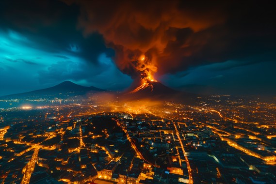 A beautiful drone shot of the majestic Etna volcano erupting at night with smoke an lava coming out of the summit crater, seen from behind in Naples, Italy. The lava flows down its sides and is lighting up the city and its city lights --ar 3:2 --style raw