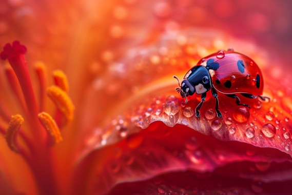 A ladybug sits on top of an exotic flower in a macro closeup photograph. The photo shows water drops and red and orange colors in the style of macro photography. Blurred background --ar 3:2 --style raw