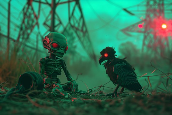 A little xenomorph alien doll with green skin is sitting on the ground next to an anthropomorphic cyborg vulture pet, both with red glowing eyes, surrounded by rusty old cyberpunk radio towers, eerie creepy atmosphere, green red lighting, green fog --ar 3:2 --style raw