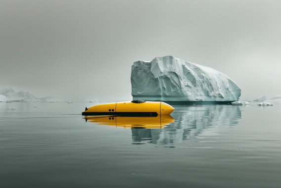 A photo of a futuristic yellow submarine in front of an iceberg floating in the ocean, reflecting on its surface. The scene is set against a backdrop of grey skies and calm waters. This composition captures both awe-inspiring beauty and dystopian coldness associated with icebergs --ar 3:2 --style raw --stylize 50