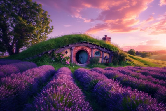 A photograph of an idyllic hobbit house nestled in the heart of lavender fields, bathed under soft pastel pink hues as the sun sets behind it. The purple flowers cover its surroundings like fur and create a dreamy atmosphere --ar 3:2 --style raw