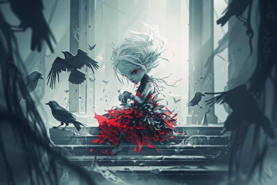 An albino creepy puppet in a red dress sitting on the steps inside dark grey gothic architecture. She is surrounded by black ravens and crows, creating a dark fantasy atmosphere. A mysterious atmosphere is created in the style of gothcore. --ar 3:2 --style raw --sref 782391