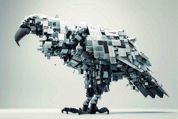 Create an image of a cyborg robotic vulture composed entirely of cubes in various sizes. The background should be neutral to emphasize the figure --ar 3:2 --style raw