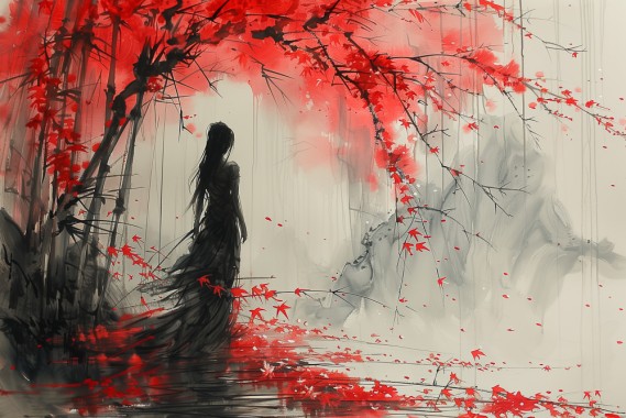 Ink wash painting style, creepy doll, traditional Chinese brush strokes, bamboo and cherry blossoms, elegant landscape --ar 3:2 --stylize 750