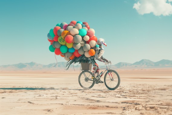 Photo of a cyborg robotic vulture riding a bike with a huge amount of colorful balloons in its hands, in the streets of the Dirty White desert, creating an atmosphere full of mystery and magic, light grey and amber tones. This scene adds an element of fantasy to everyday life --ar 3:2 --style raw