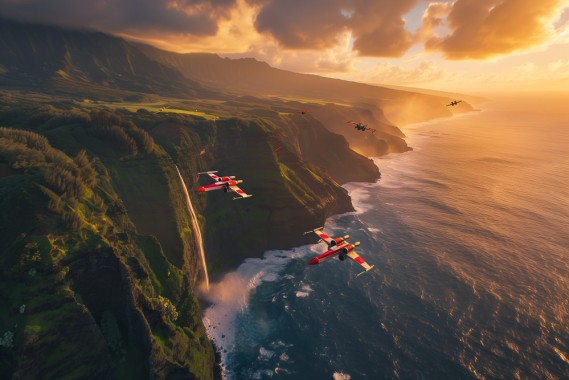 Photo of a fleet of red metallic star wars tie fighters is flying over the cliffs, home to an impressive waterfall and surrounded by lush greenery on one side and open ocean, the landscape is dotted with small houses nestled among rolling hills, creating a picturesque scene that captures the beauty of the island. breathtaking golden sunset, shot from above --ar 3:2 --style raw