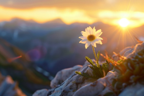 Photo of a single edelweiss flower growing on the edge of an alpine mountain peak, with a backdrop of golden sunset light and distant mountains, blurred background, sun flare --ar 3:2 --style raw