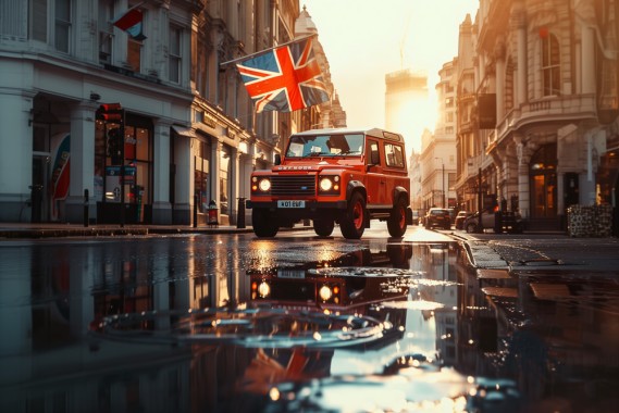 Photograph of the London street with an English flag flying, a red landrover 1980 defender driving along it, a beautiful sunny day, sun rays shining through the buildings, scenery is reflected in a puddle, camera perspective from ground level looking up, depth of field --ar 3:2 --style raw