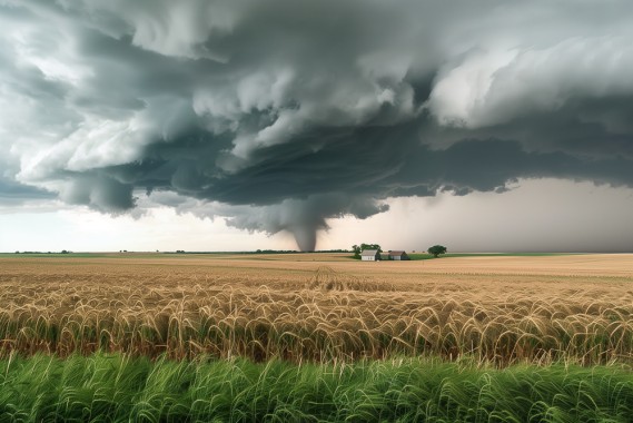 Wide-angle, eye level photo of an approaching tornado over rolling prairie, massive storm clouds, ominous skies, distant rain shaft, barn in distance, wheat field in foreground, rural setting, expansive horizon, f/8, ISO 200, shutter speed 1/125s, taken with tripod an ND filter, sharp focus, Natural light, diffused through thick clouds, low-key lighting, dramatic contrast --ar 3:2 --style raw --stylize 50