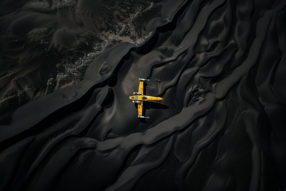 aerial photo of a yellow star wars xwing flying high above dark black sand dunes, high contrast --ar 3:2 --style raw --stylize 50
