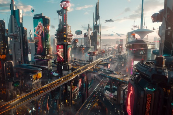 cinematic still from a sci-fi film, high angle shot of the city skyline of Los Angeles in 2056, huge holographic billboards on skyscrapers, a hologram pop canopy over the road, cyberpunk, battle spaceship --ar 3:2 --style raw