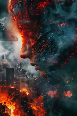 in the background is a portrait of giant dragon smaug, in the foreground a portrait of xenomorph alien, double exposure, cyberpunk, fire, movie poster --ar 2:3 --style raw