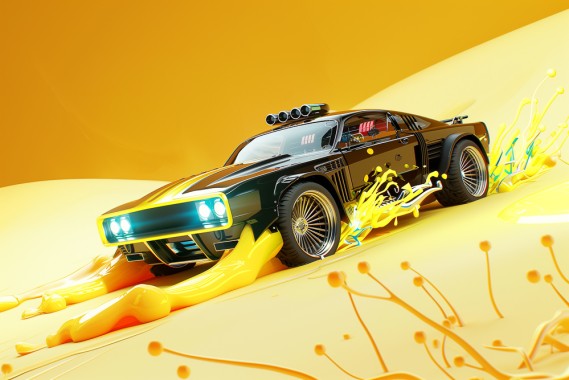 photo of a muscle car in the design which is a combination of a Tesla Cybertruck and a ford mustang in mad max movie fury road styled rusty muscle car racing through a sandy desert, sun flare, high contrast, desaturated toxic lighting --ar 3:2 --style raw --sref 723685491 --stylize 50