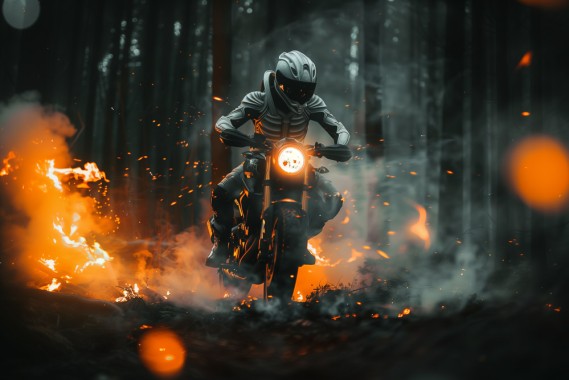 photo of a xenomorph alien with white skin riding a motorcycle with orange light at high speed through dark forest. The background features smoke and fire coming from underfoot. --ar 3:2 --style raw