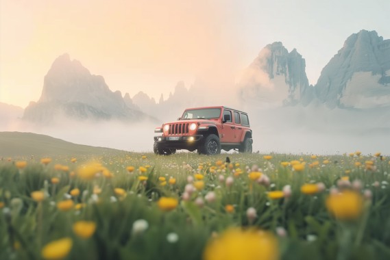 photo of the Dolomites, Italy, yellowish orange sunset sky, yellow flowers in the foreground, red jeep rubicon in the middle, green grass and mountains in the background, foggy weather --ar 3:2 --style raw --p