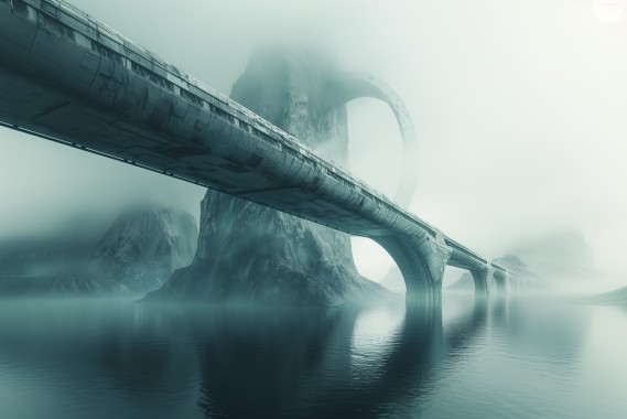 the scifi style art has a large bridge, in the style of surreal architectural landscapes, low depth of field, light gray and dark cyan, landscapes in motion --ar 3:2 --stylize 300