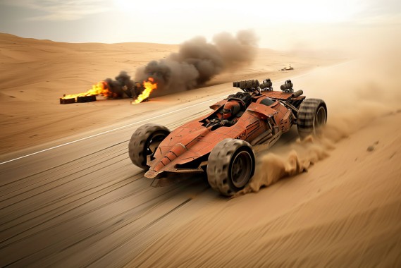 Dynamic aerial drone action photo of a red metallic Dieselpunk Mad Max Movie styled 2023 Formula 1 Car with ferrari logo, driver with mad max styled mask, car is racing on a shiny clean black asphalted road, the road is in the middle of a sand dunes field, burning oil barrels aside the street --ar 3:2 --style raw --sref https://s.mj.run/Jkk4IPuj0Fk --p --stylize 50