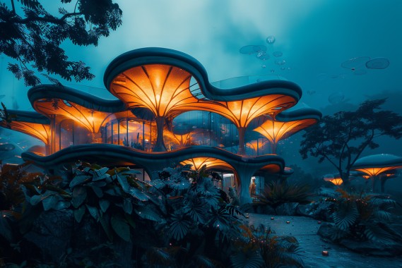 photo of a a building with an organic roof made of ceramic tiles ghery style. Organic roof zaha hadid style. In the middle of an alien jurassic jungle, bioluminescent glowing jellyfish floating in the air, cinematic light