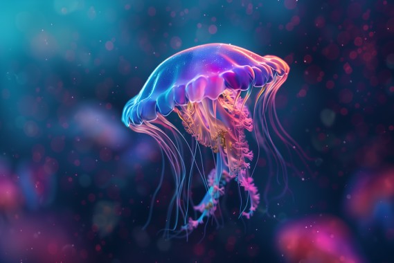 photo of a neon glowing xenomorph jellyfish floating in mystical ocean. --ar 3:2