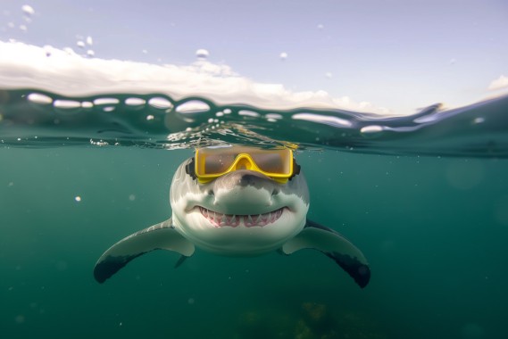 Split Level photo of a white shark taken from sea level, view from front, dorsal fin is above water under a blue sky, body is underwater. Shark is wearing yellow goggles --ar 3:2 --style raw --stylize 50