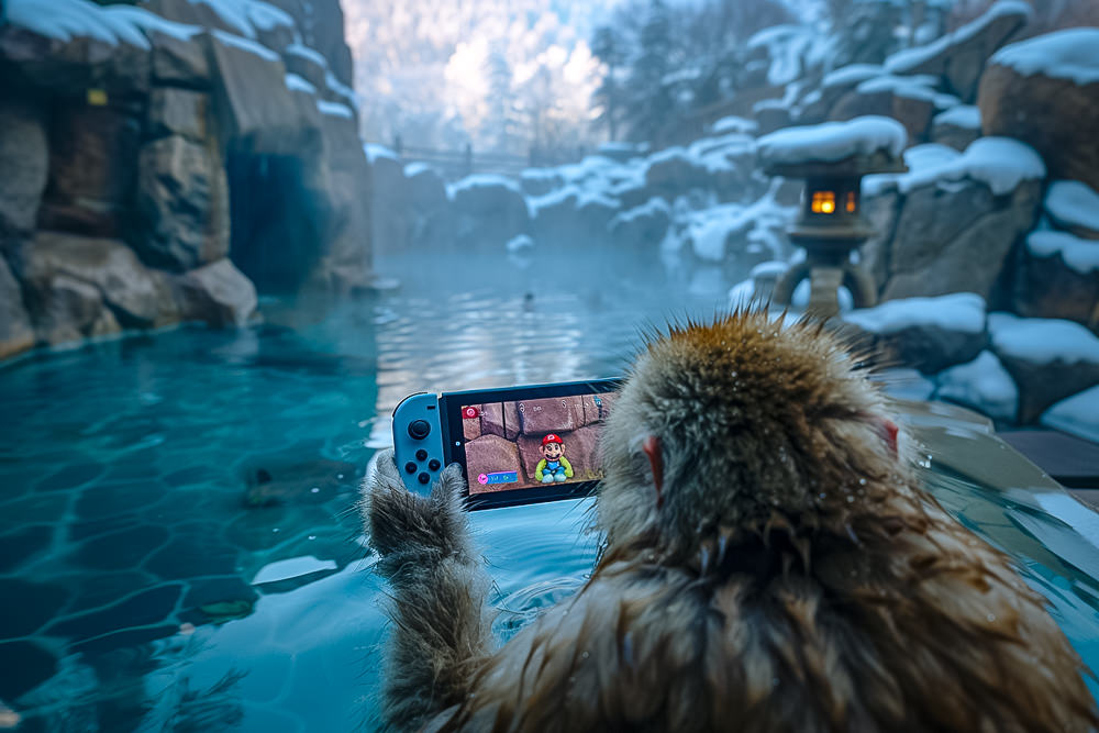 Schneeaffe mit Nintendo Switch